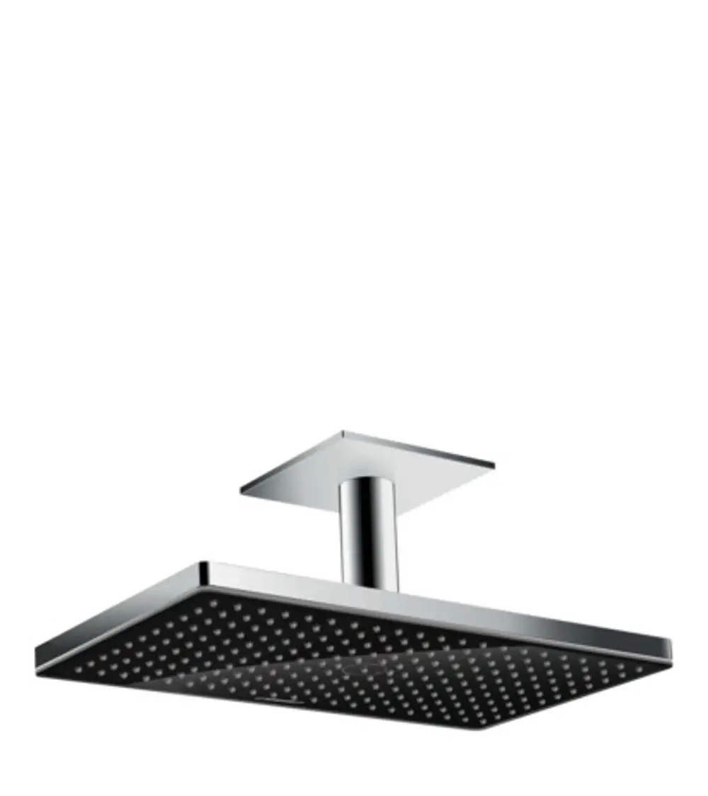 Deckenmontierte Kopfbrause mit flacher, quadratischer Oberfläche und zahlreichen Wasserstrahlöffnungen. Ausführung in Schwarz und Chrom von Hansgrohe.